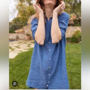 Frank & Eileen HUNTER Blue Textured Italian linen Weave Button Down Dress XS